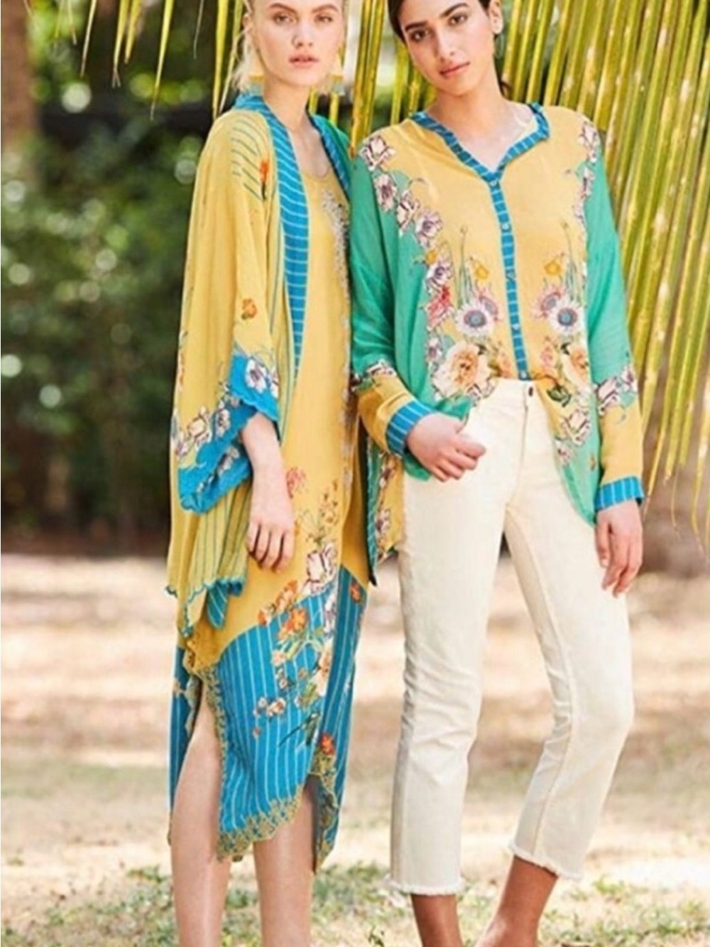 Johnny Was Yellow & Teal Floral Midi Dress